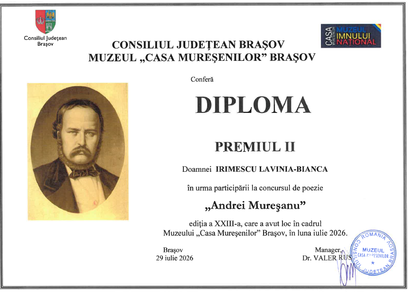 Diploma Premiul II &mdash; Concursul de Poezie &bdquo;Andrei Mureșanu&rdquo;, Lavinia-Bianca Irimescu