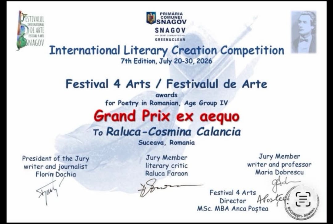 Marele Premiu pentru Poezie (ex aequo) &mdash; Festival 4 Arts Awards, Raluca-Cosmina Calancia