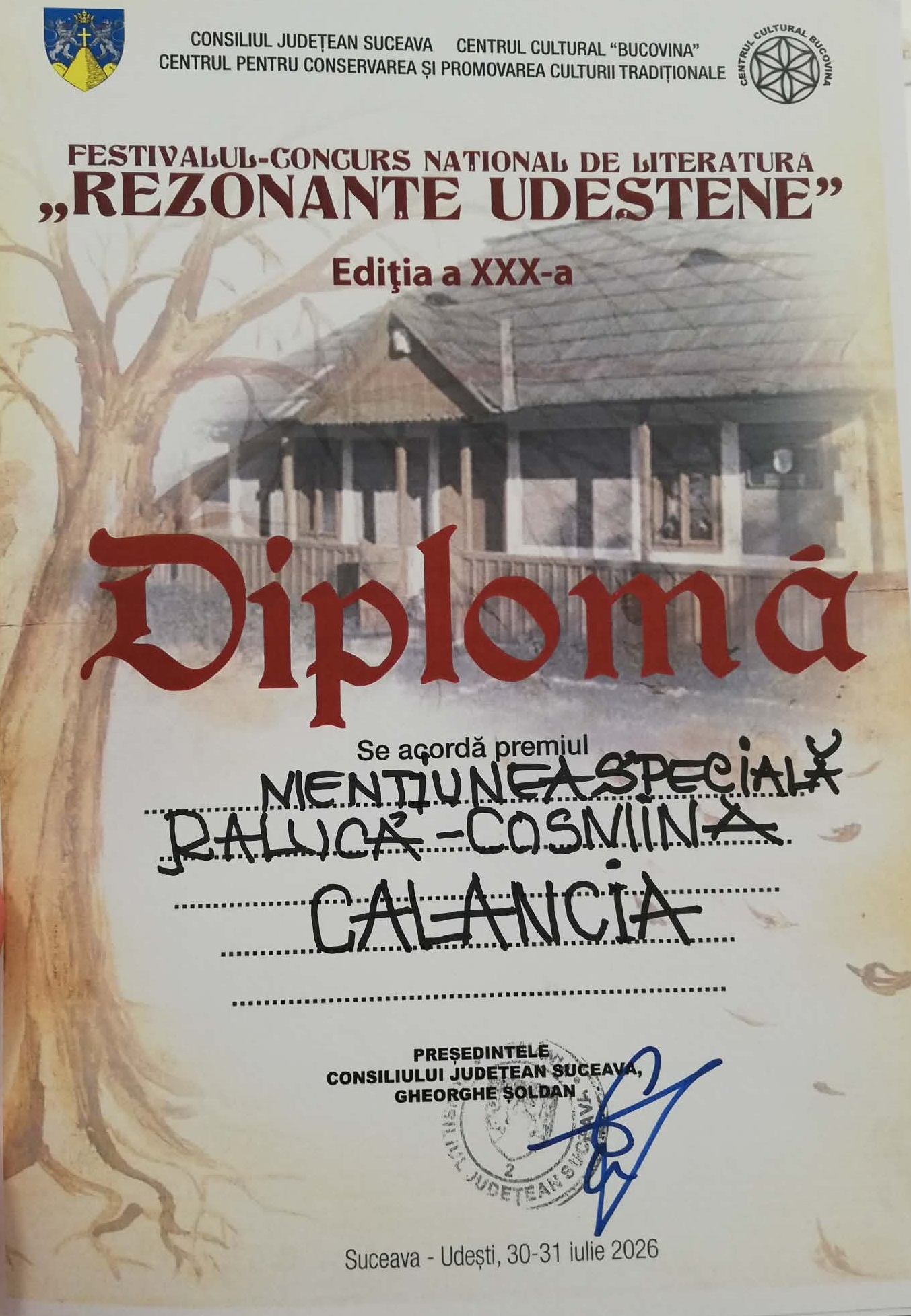 Mențiune specială &mdash; &bdquo;Rezonanțe udeștene&rdquo;, Raluca-Cosmina Calancia