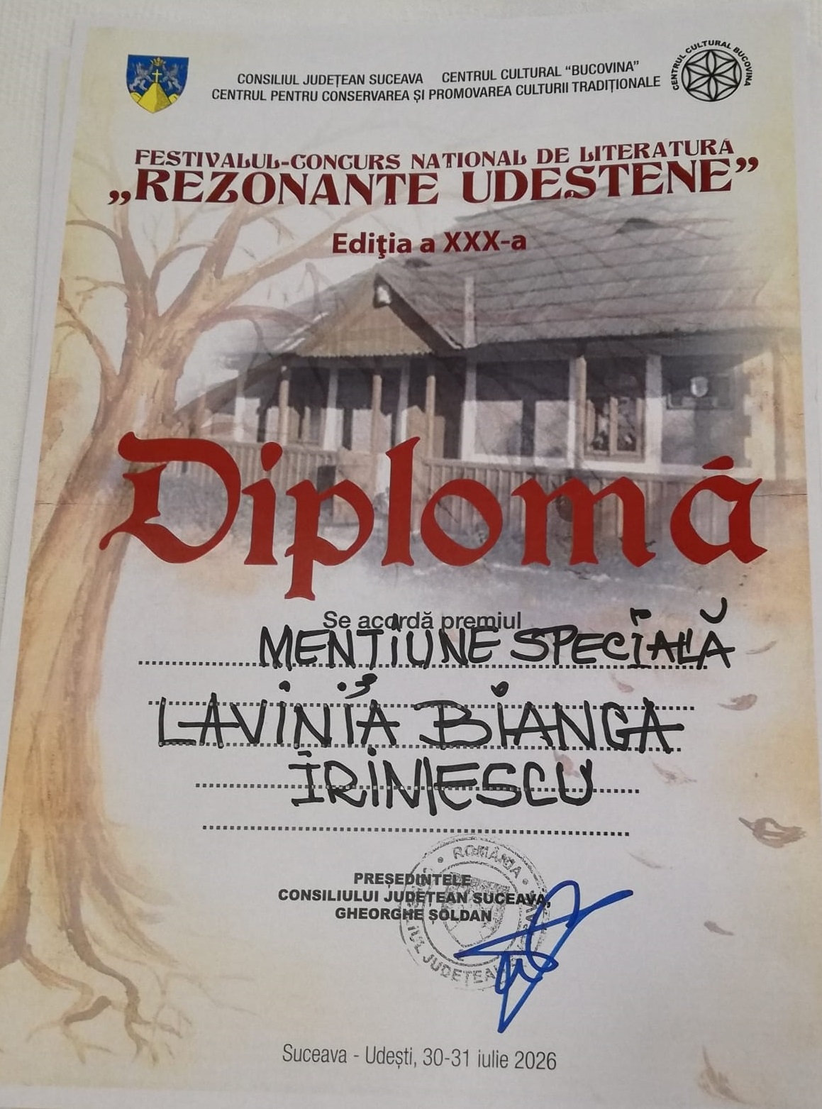 Premiul Familiei Motrici &mdash; &bdquo;Rezonanțe udeștene&rdquo;, Lavinia-Bianca Irimescu